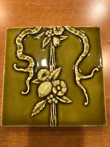 3 Antique Providential Tile Works Trenton NJ 6” green Ribbon Floral fruit tiles