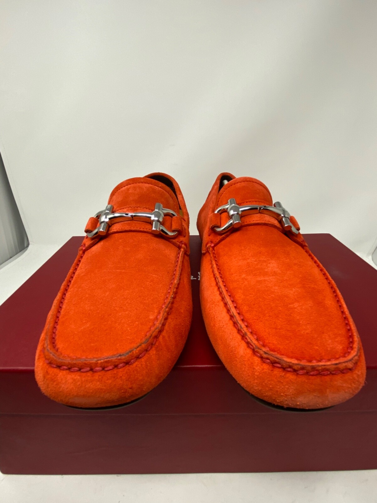 Pre-owned Ferragamo Salvatore  Parigi Eco Suede Driving Moccasins $750 7.5e Candy Apple Red