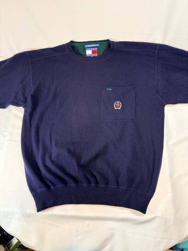 Tommy Hilfiger Mens Lambswool Crewneck Sweater Crest Chest Pocket Blue Medium