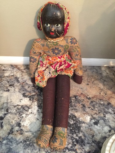Antique Rare Paper Mache Mask Face Black Saw Dust Stuffed Cloth Doll Unmark 1800