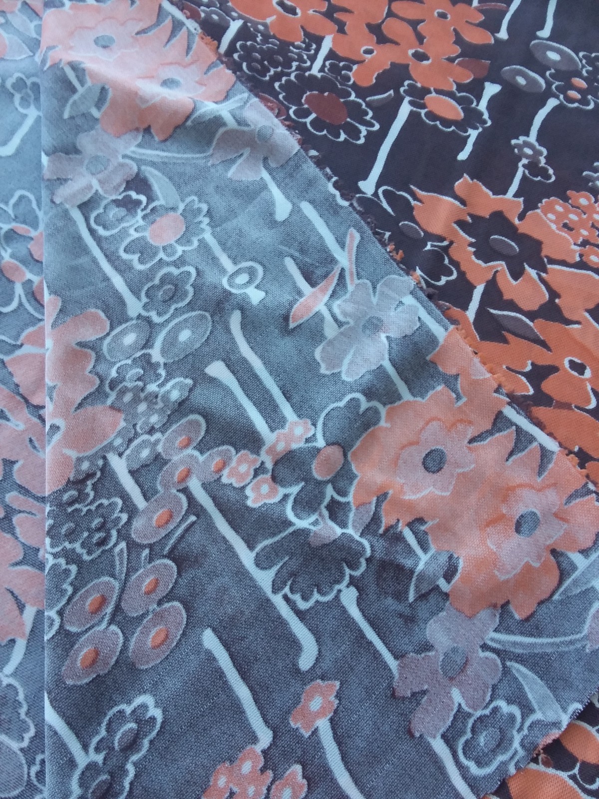 Retro Vtg Mod Orange & Brown Floral Double Knit Fabric Polyester 56