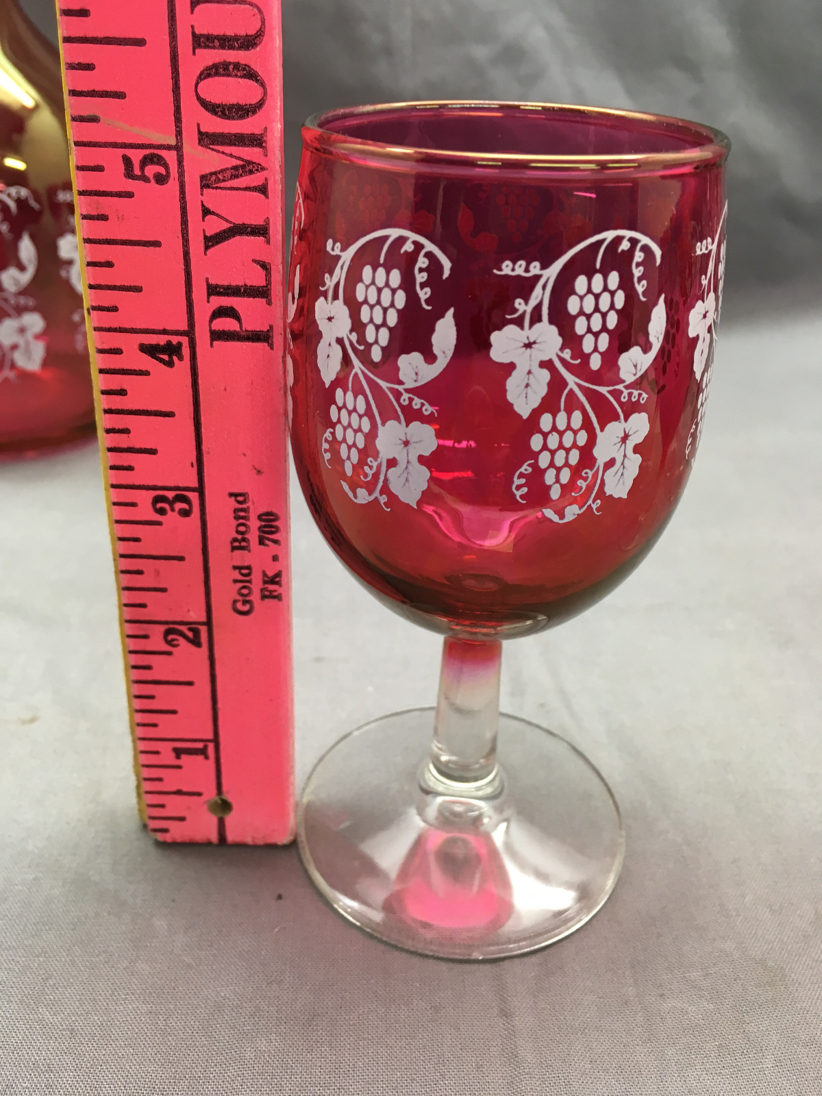 1940's Cranberry Flash Decanter Set 6 Wines Goblets Grape Clusters Stopper