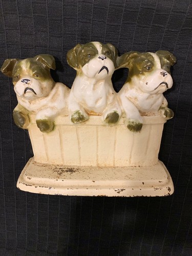 Vintage John Wright Doorstop-3 Terrier Puppies in a Tub-Original Paint