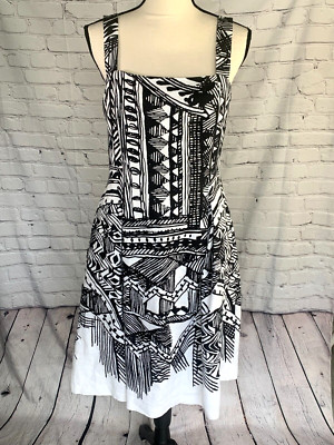 NEW Donna Morgan 100% Linen White Black Tribal Print Stripe Dress Back Zip 10.