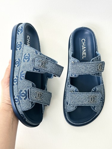 $1.8K CHANEL CC LOGO BLUE DENIM DAD SANDALS FLATS CC LOGO