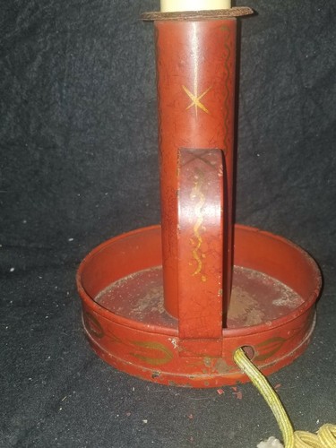 ANTIQUE RED TOLE GOLD DECORATED CANDLESTICK LAMP ELECTRIFIED ANTIQUE WIRING