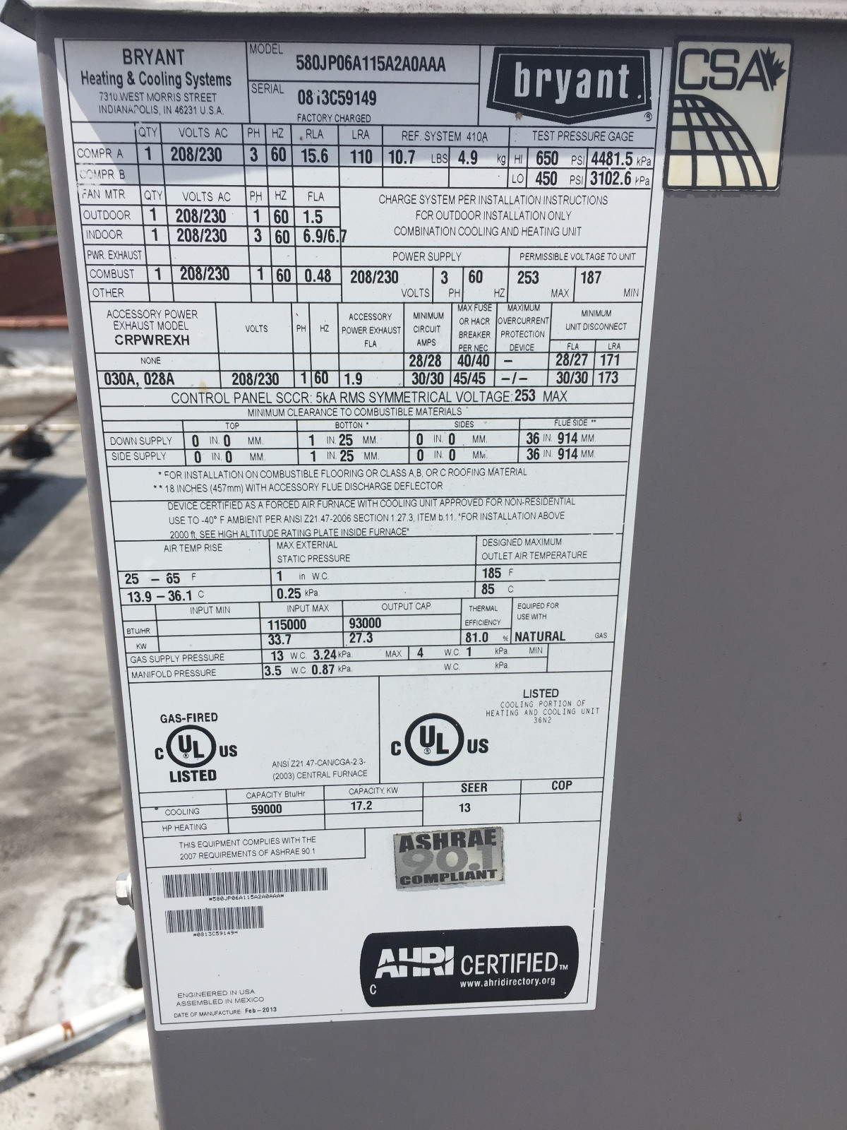 Bryant 580J 5 Ton Rooftop Heating/Cooling Unit 2013 Model