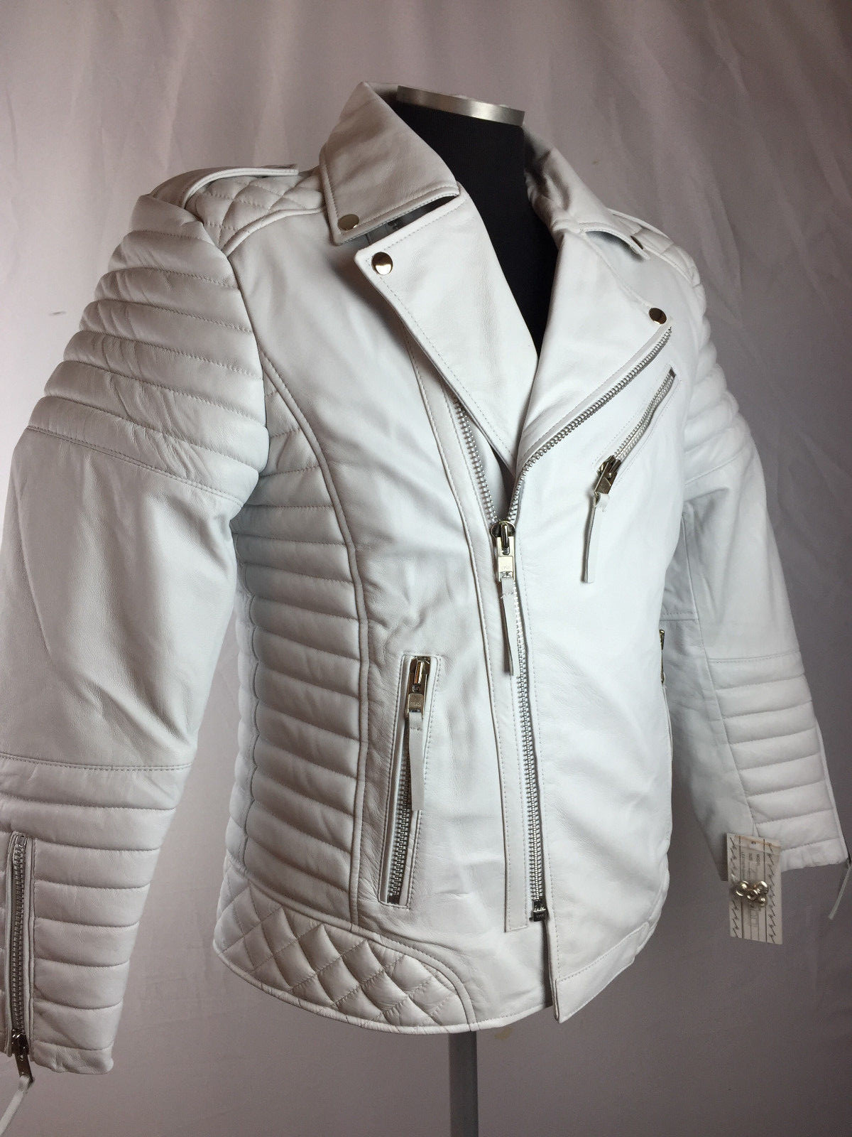 Pre-owned Genuine Leather Mens Real Lambskin Leather Biker Jacket Motorcycle White M L Xl 2x 3x 4x 5x 6x