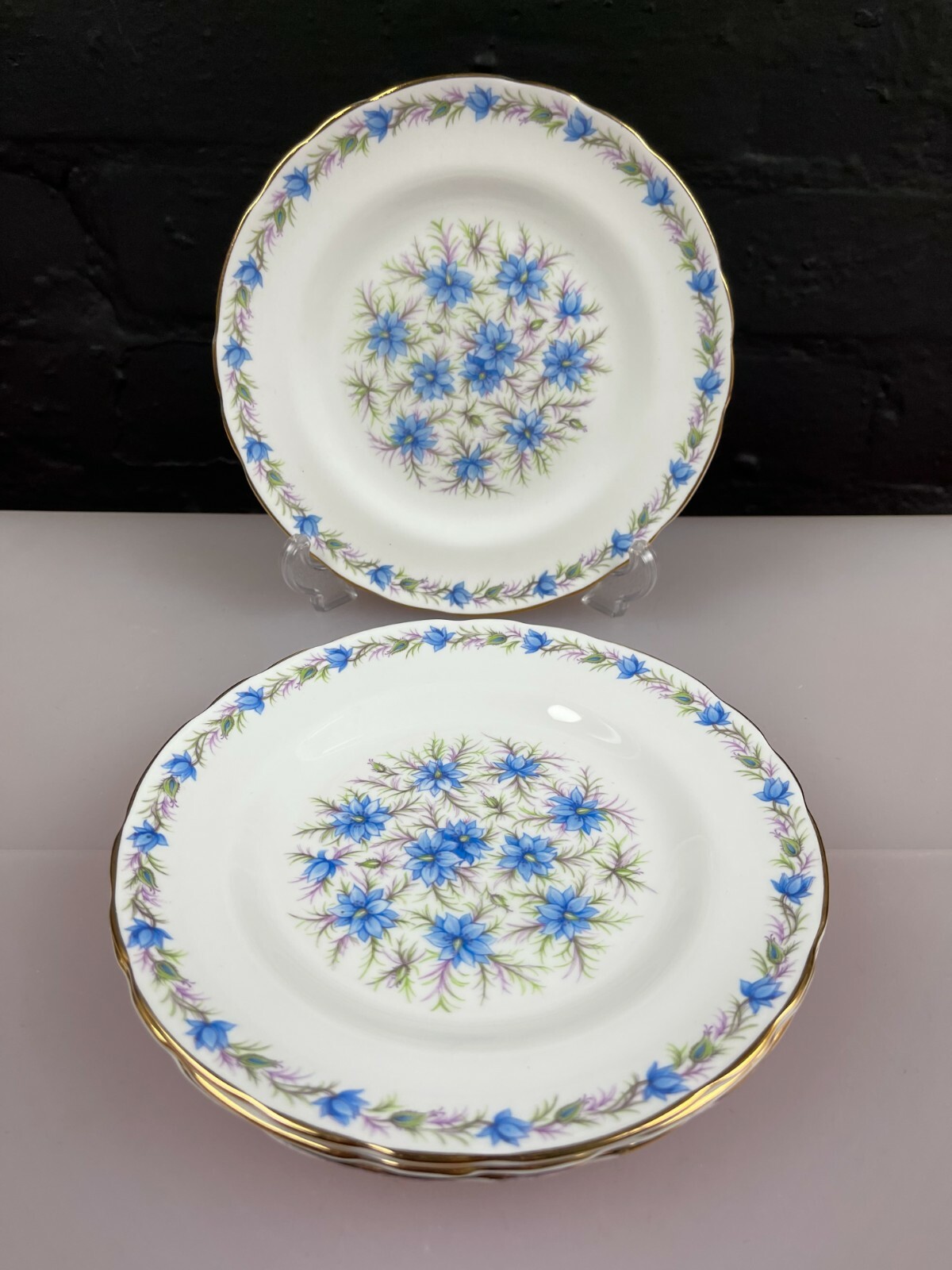 4 x Vintage Tuscan Blue Love in the Mist Side Plates 7" Wide Set