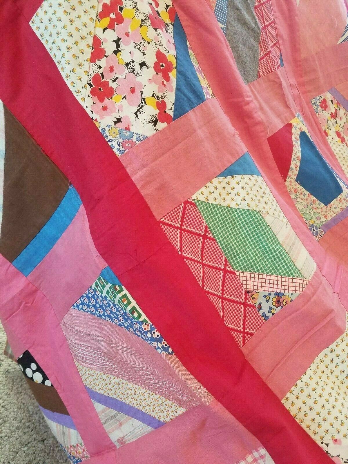 Vintage 1940's 50's PATCH WORK CRAZY QUILT Backed Quilt Top 72 x 64 ~To Finish