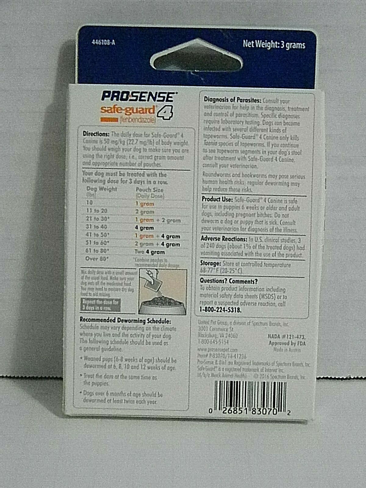 Pro Sense Safe-guard 4  Dewormer Solutions 3- 1 gram packs Exp 12/2019