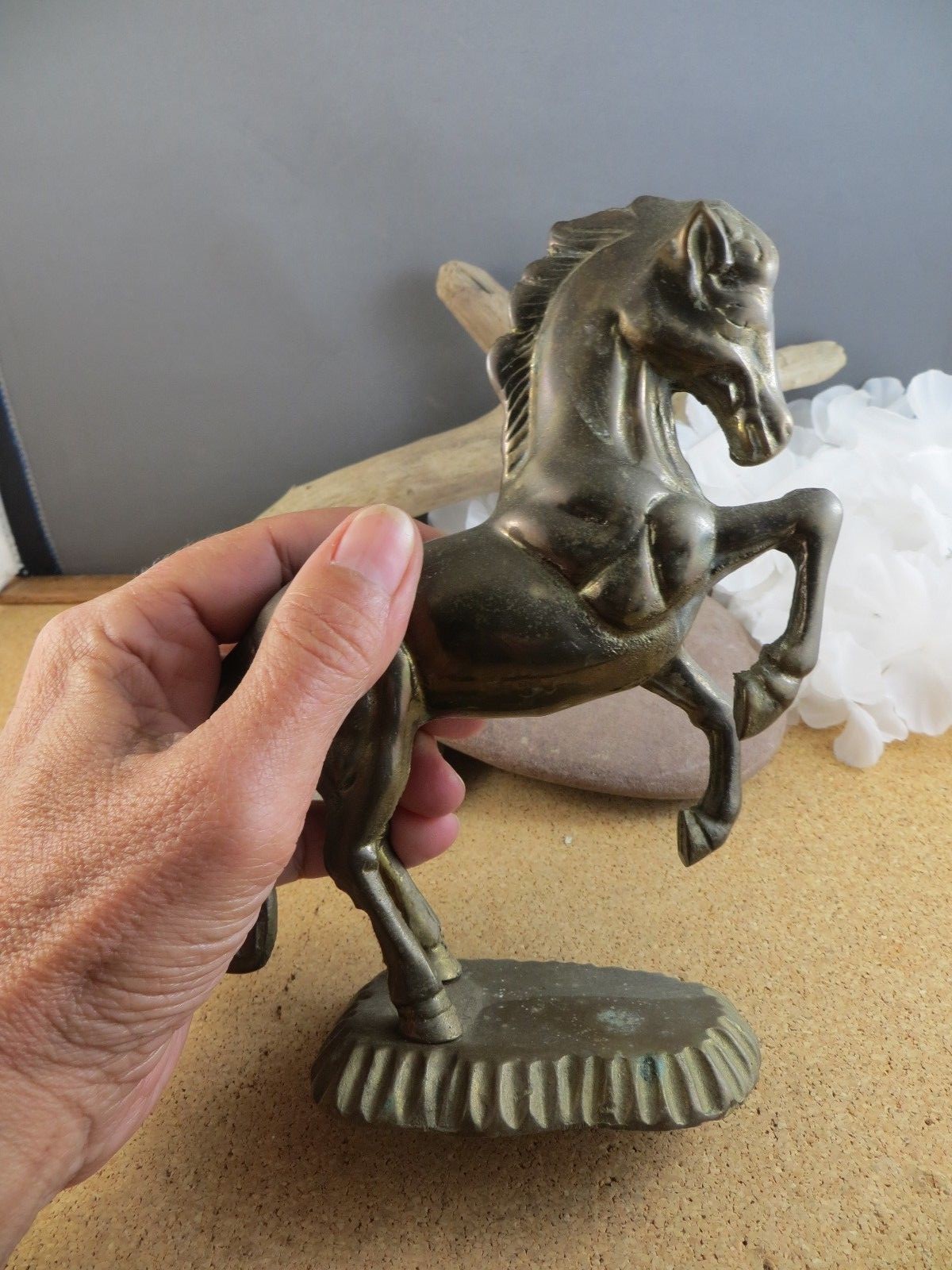 Vintage Bronze? Brass? Mixed Metal Rearing on base Horse Figurine 7