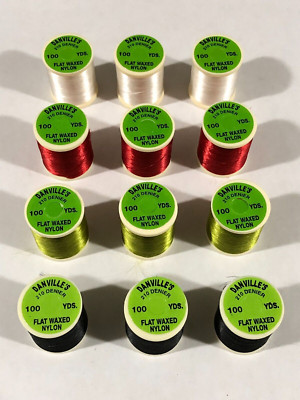 12 Spools Danville Flat Waxed Fly Tying Thread, White, Red, Olive & Black