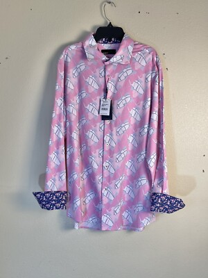 Quieti Shirt Mens Small Pink Palm Leaf Flip Cuff Nova 8-way Stretch Cotton NEW