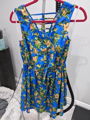 Mine Blue Floral Summer Dress Open Midriff Sz L NWOT