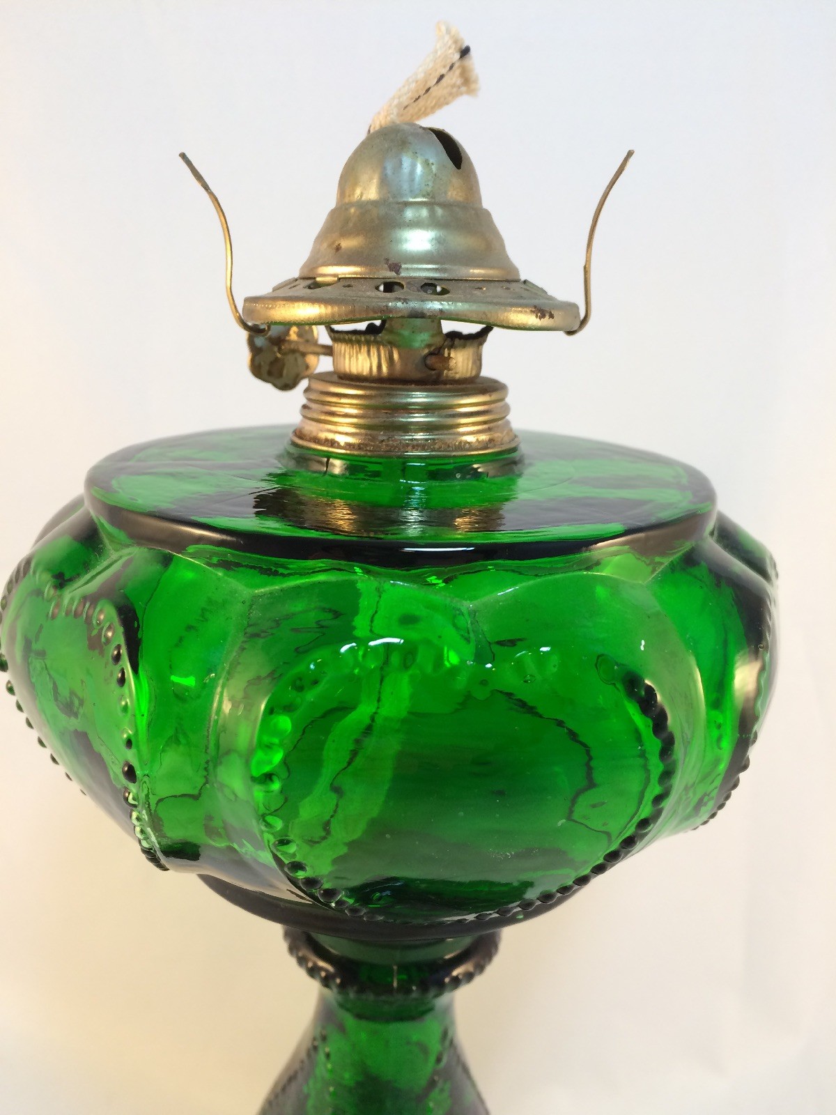 Antique Findlay Glass Kerosene Oil Lamp Green Sweetheart Queen of Hearts