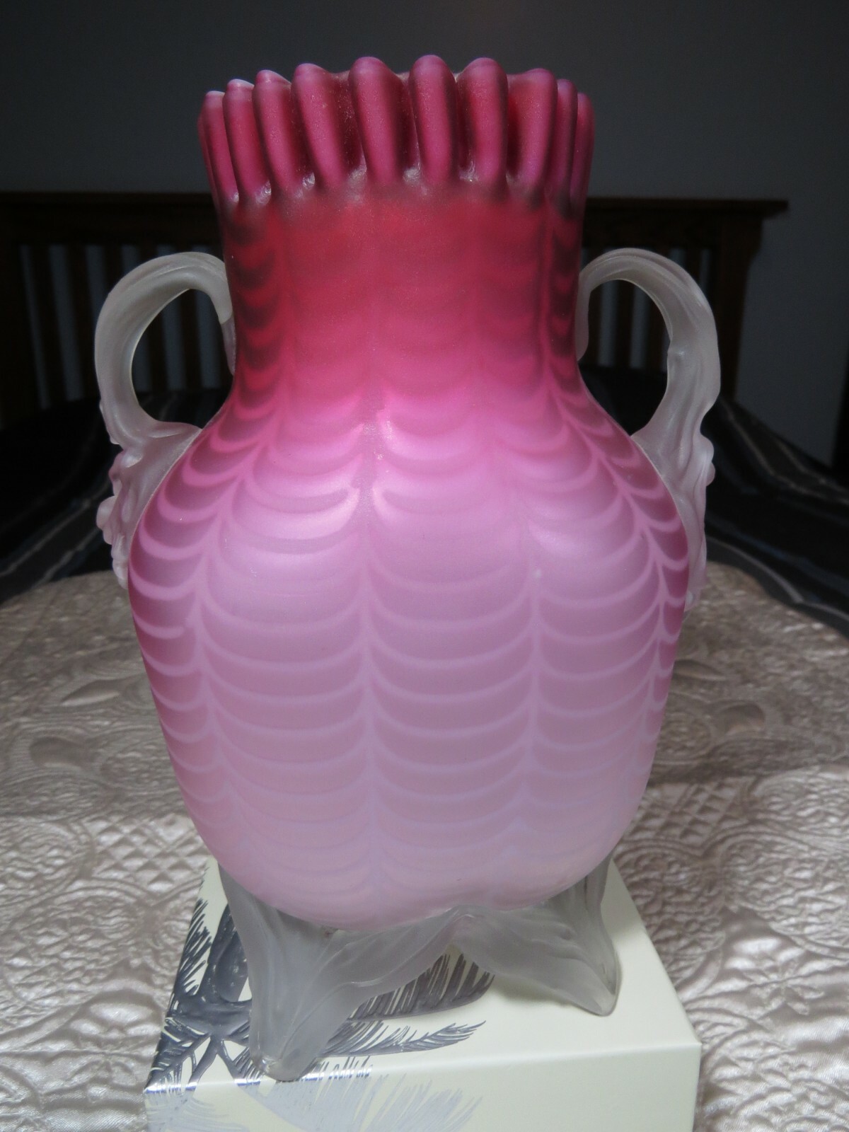RARE VICTORIAN MAGENTA ART GLASS SATIN  MOTHER OF PEARL VASE LARGE CANDY RIBBON