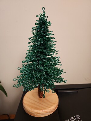 French Beaded Flower Handmade Christmas Tree With Wood Base Tri Green Jade 