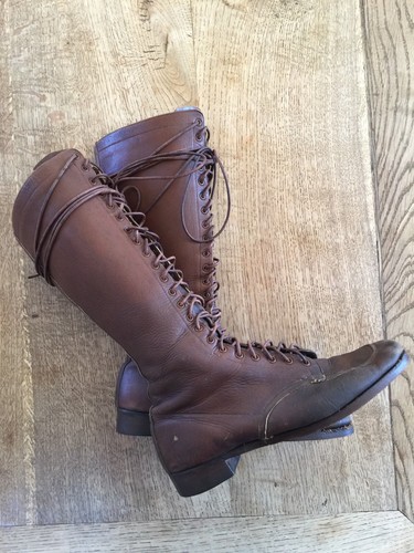Antique vintage tall lace brown leather boots hiking aviator riding 9 9.5 10 GUC