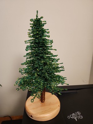 French Beaded Flower Handmade Christmas Tree With Wood Base Tri Green