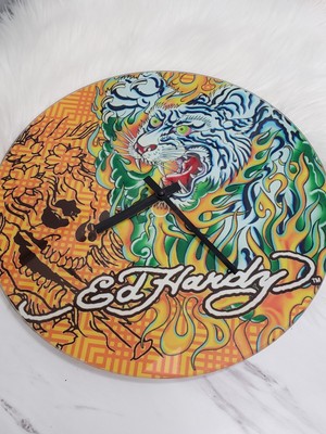 ED HARDY DECOR y2k Art ClockGlass Tiger Traditional Tattoo Wall Vintage 90s