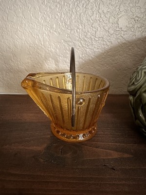 Retro Amber Glass Ash Tray Shaped Like a Coal Bucket with Handle