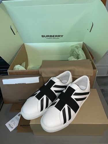 New Burberry London Brit Flag Black White Leather Slip On New Burberry London Brit Flag Black White Leather Slip On