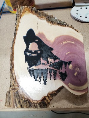 Wolf howling carved on red cedar knot live edge rustic cabin decor picture