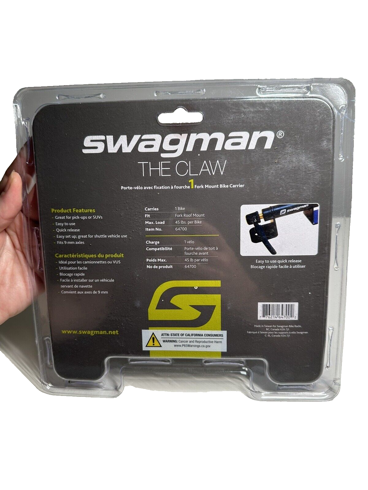 The Claw Fork Mount Bike Rack for 1 Bike~Swagman