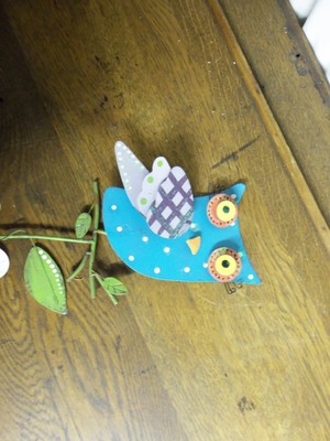 Owl Metal Garden Stake teal with purple wings NEW whimsical garden decor