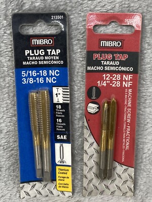 MIBRO Plug Tap 12-28 NF and 1/4-28 NF 382021 & 5/16''-18 NC 3/8''-16 NC Lot of 2