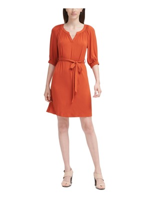 

CALVIN KLEIN Womens Orange Tie Jersey Pullover Платье с разрезом на рукавах до локтя, Оранжевый