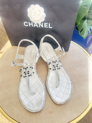 Chanel 20P White Silver CC Logo Mule Strap Thong Sandal Chanel 20P White Silver CC Logo Mule Strap Thong Sandal