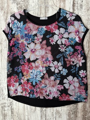 KATIE'S KLOSET Women's Size XL Black Floral Sequined Short Sleeve Blouse Top