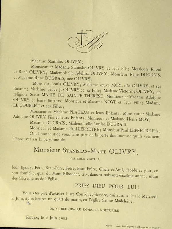 Stanislas Olivry Dugrais Moy Rouen Faire Part Lepretre Noye Le Coublet 1902