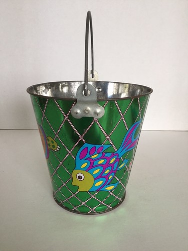 Vintage Ohio Art Co. Tin Litho Large Sand Pail, Green With Fish, Crab & Turtle