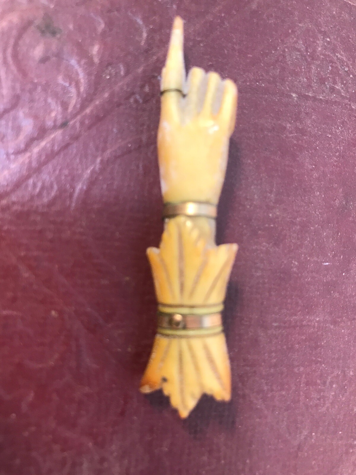 Antique Carved Victorian Bone Pointed Finger HAND BROOCH Pin Gold Accent Jewelry