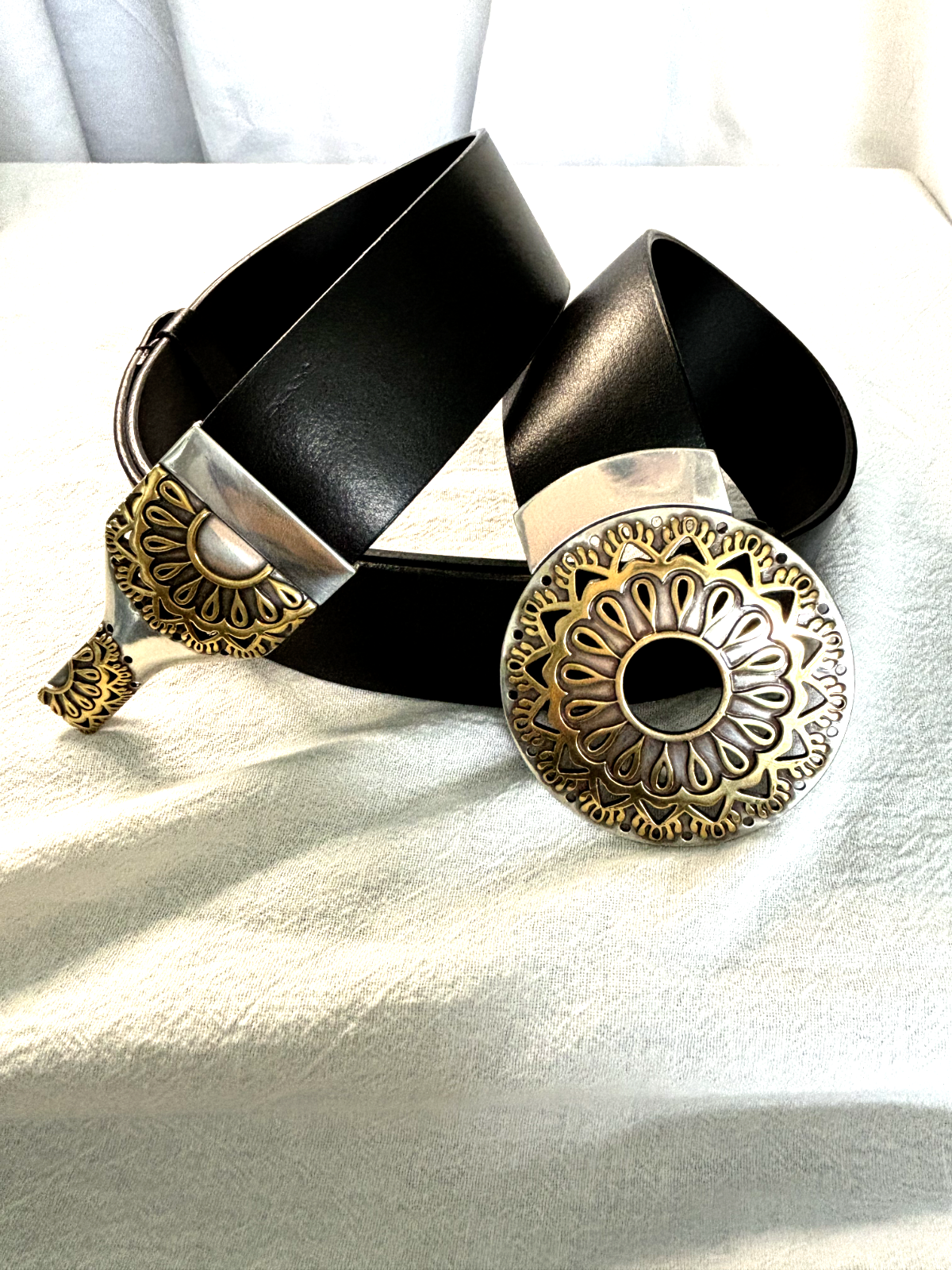 Chicos  Black Leather Belt  S Silver Gold Tone Elephant Buckle Boho Statement Chicos Belt - Etsy main image 3