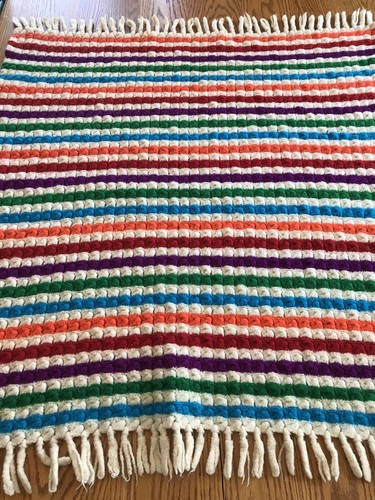 Vintage Handmade Throw Small Rug Wool Multi Color Striped Fringe 36” X 39”