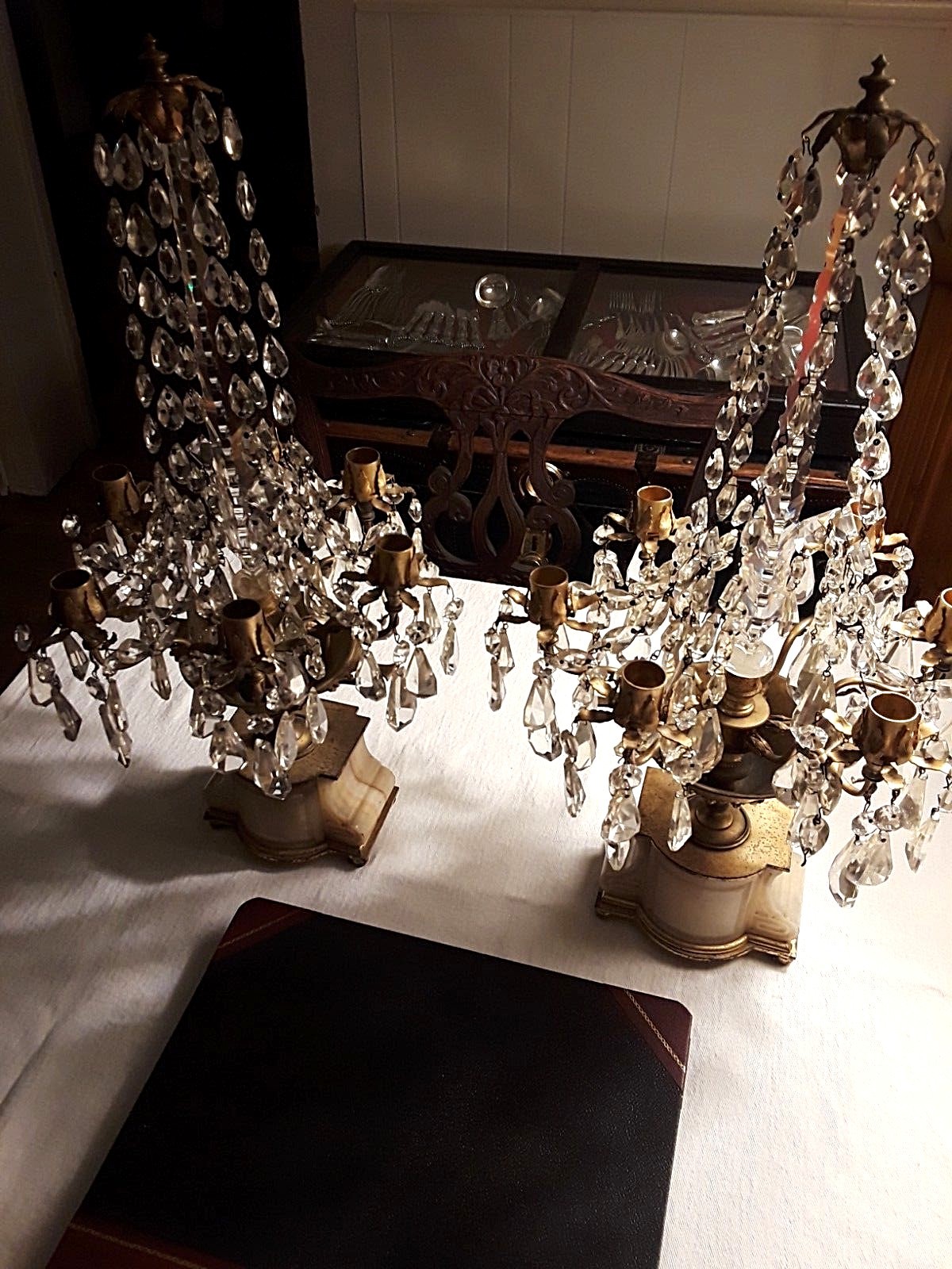 A Pair of Antique Crystal , Gilt Bronze ,and Marble Candelabras. 21 3/4