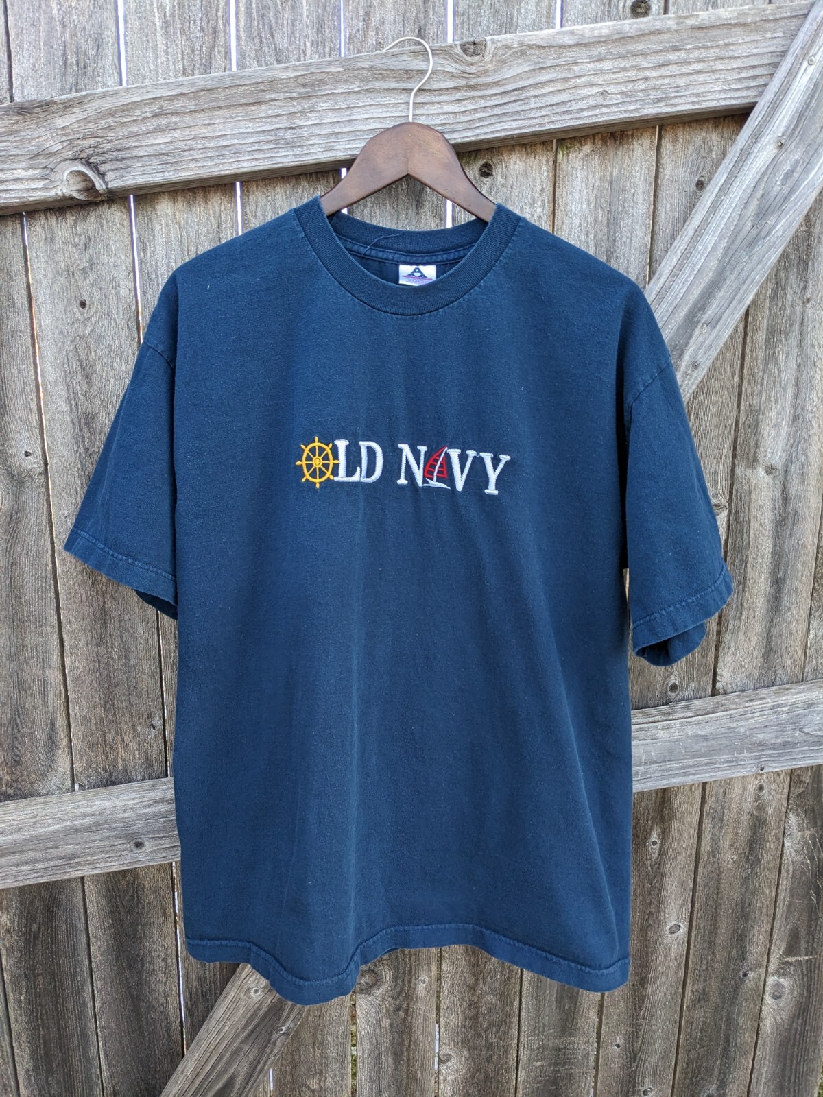 Vintage 90s All-Embroidered Old Navy Blue Sailing Boat T