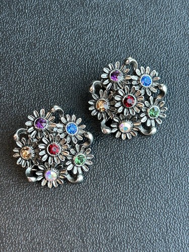 Vintage Judy Lee Silver Tone Flower Multicolored Rhinestone