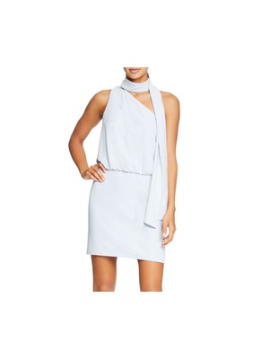 Женское светло-голубое платье-блузон HALSTON с прикрепленным шарфом на одно плечо без рукавов 4