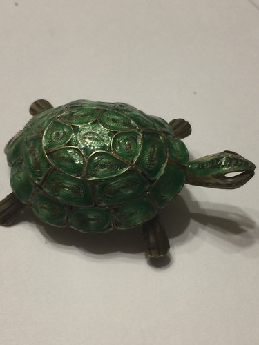 800 Stamped Silver Filigree Green Enamel TURTLE Pin Brooch From Estate