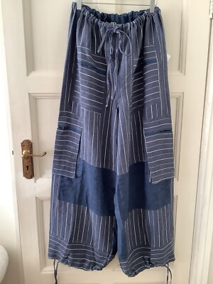BNWT IDARETOBE HORATIO COLLECTION STRIPPED BLUE PURE LINEN WOMENS TROUSERS XL