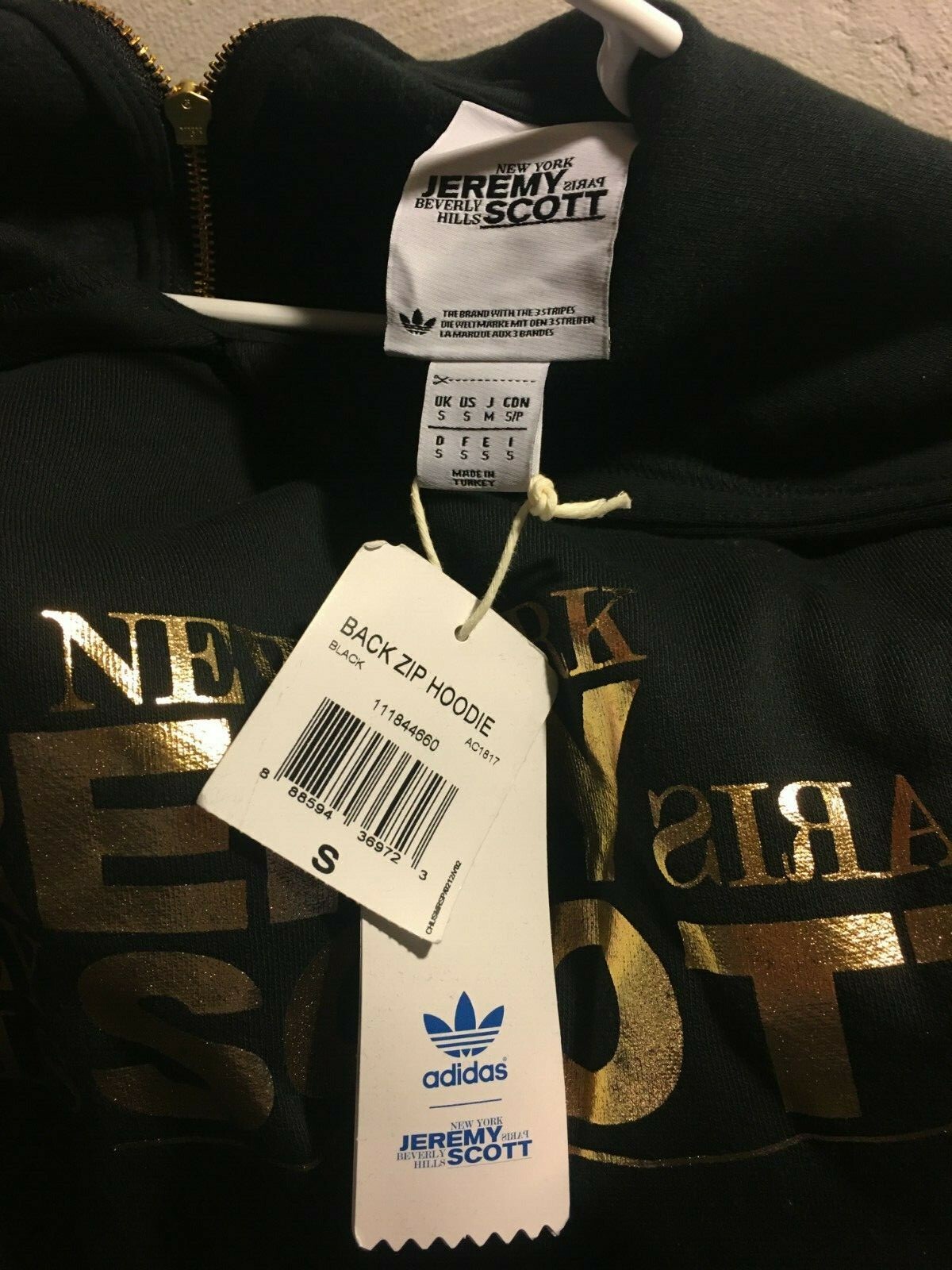 Pre-owned Adidas Originals Jeremy Scott Black/gold Back Zip Hoodie Ac1817,small