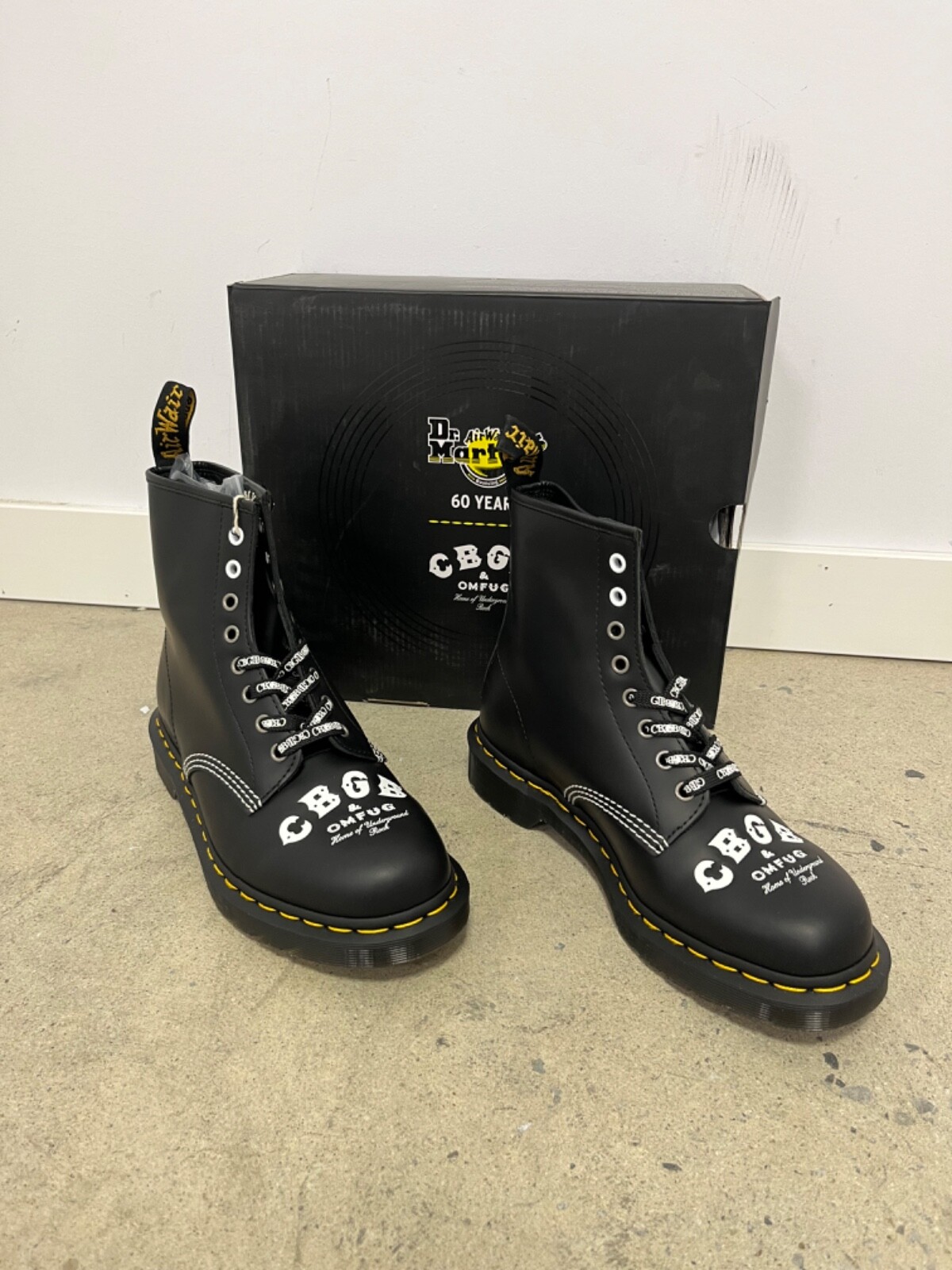 Pre-owned Dr. Martens 1460 Cbgb Printed Rolled Leather Boots Black/white All Sizes