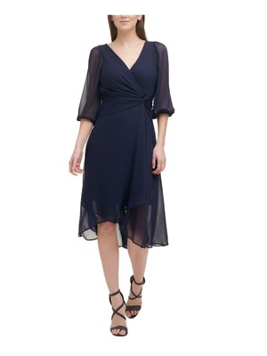 

DKNY Womens Sheer Blouson Sleeve Surplice декольте длиной до колена Cocktail Shift, Navy