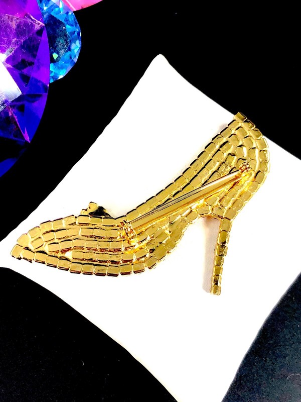 DAZZLING GOLD-TONE FINISH RUBY RED BLACK RHINESTONE HIGH HEEL PUMP SHOE BROOCH
