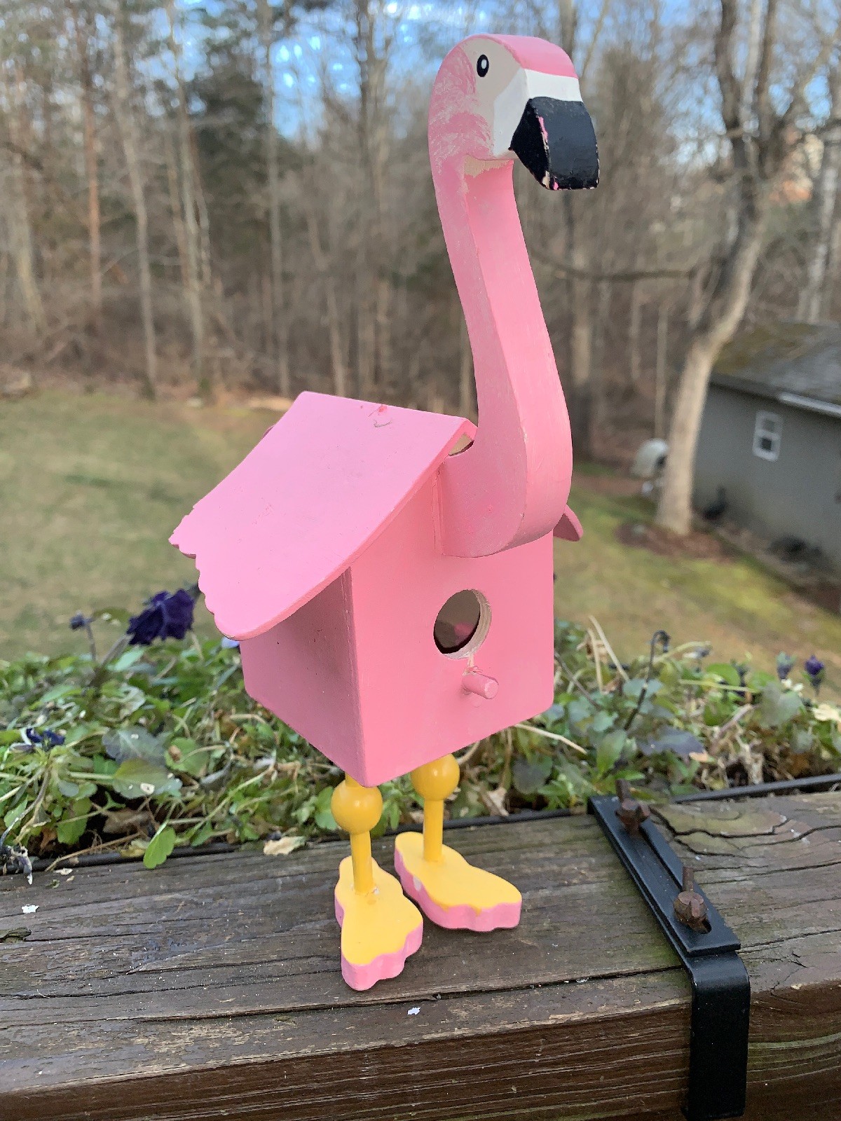 Vintage Wooden Hand Made Painted PINK FLAMINGO Stands Tall Bird House Decor 9x6